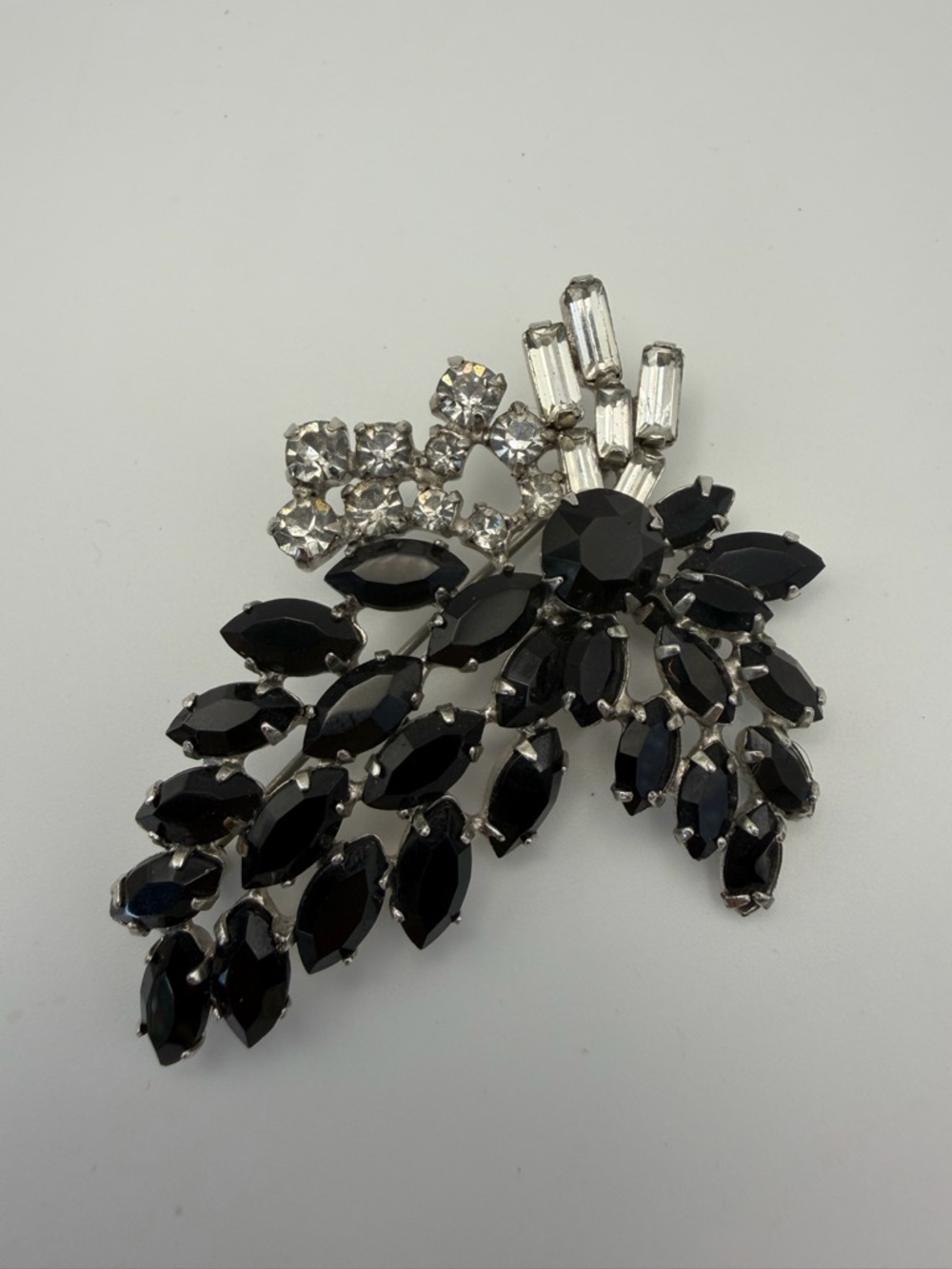 Vintage Jet Black Navettes and Clear Baguette Rhinestone Floral Spray Brooch